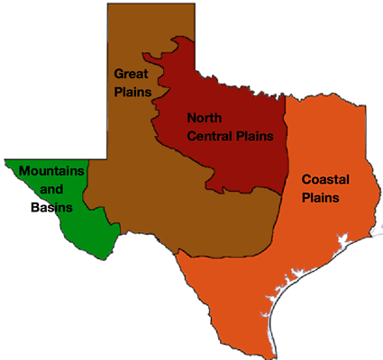 Map showing the four regions of Texas