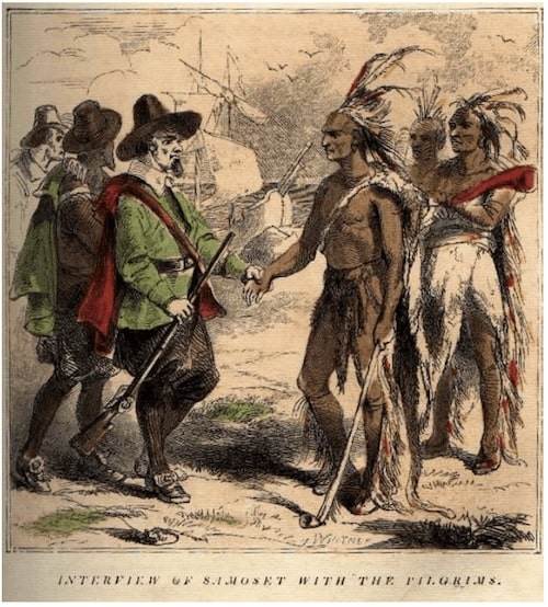 This colorized historical illustration, titled "Interview of SAMOSET WITH THE PILGRIMS," depicts a Native American man, Samoset, shaking hands with a European Pilgrim. Samoset is adorned with a feathered headdress and traditional attire, while the Pilgrim wears a broad-brimmed hat and green jacket, with other figures and a distant ship in the background.