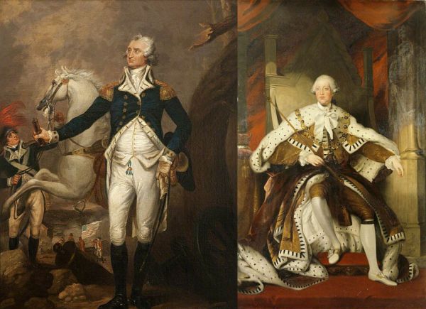 Two portraits show George Washington on the left and King George III on the right. Washington is standing in a military uniform next to a white horse, while the king is seated in a ceremonial robe on a large throne.