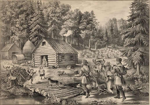 A woman and children in front of a log cabin welcome home a group of men hunters carrying game