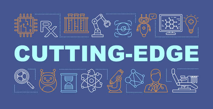 drawing labeled “cutting edge” with sketches of a circuit board, a microscope, a computer screen, and more