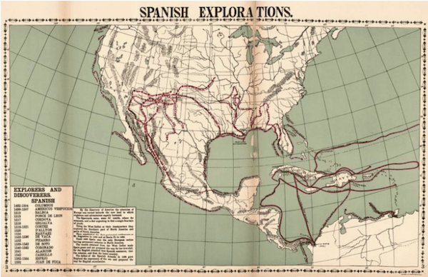 A historical map titled "Spanish Explorations" shows red dotted lines tracing the routes of various Spanish explorers across North and Central America and the Caribbean. A key on the left lists explorers and discoverers with their dates and areas of exploration, including Columbus, Balboa, Ponce de Leon, Cortés, Pizarro, Coronado, and others.