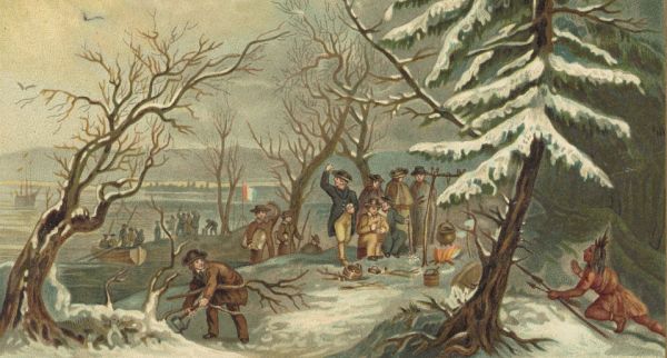 A winter scene depicts the Landing of the Pilgrim Fathers at Plymouth, Massachusetts, on December 11, 1620, as stated in the caption. Pilgrims are seen disembarking boats, chopping wood, and gathering around a fire, while an Indigenous person watches from the snowy woods in the foreground.
