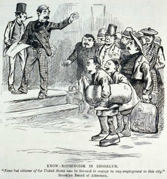Two wealthy men are explaining something to a group of immigrants