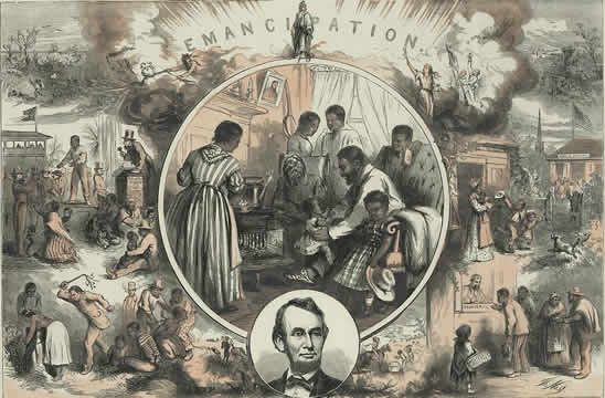 drawings of slavery surrounding an idyllic scene