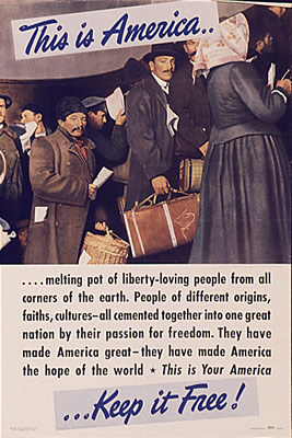 Poster says: "This is America, a melting pot..."