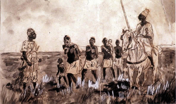 Painting of wealthy Africans capturing fellow Africans for sale as slaves