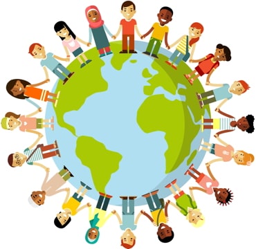 illustration of people of different cultures and races encircling a globe
