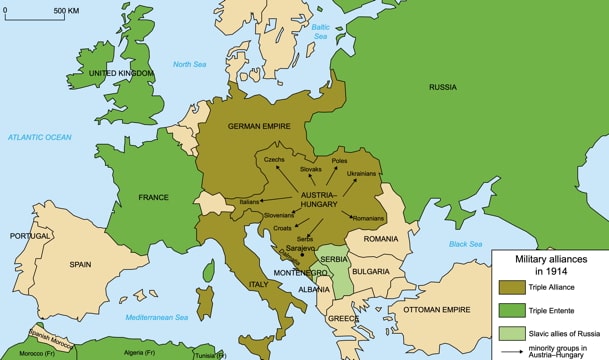 map of Europe and North Africa in 1914, showing the three major military alliances