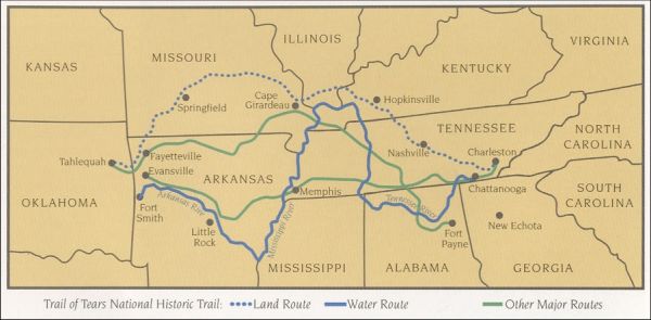 A historical map shows the routes of the Trail of Tears across the United States. The map displays three distinct paths: the dotted blue line for the land route, the solid blue line for the water route, and a green line for other major routes, all originating in the Southeastern U.S. and ending in what is now Oklahoma.