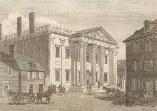 A historical print depicts the Bank of the United States on Third Street in Philadelphia, a large Neoclassical building with a columned portico. In the foreground, there are horse-drawn carriages and several people dressed in 18th-century attire walking on the cobblestone street.