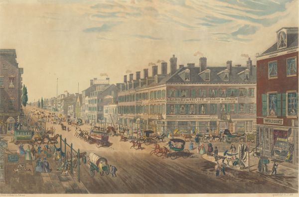 A detailed mid-19th-century watercolor depicts a bustling street scene in a North American city, lined with rows of three- and four-story commercial and residential buildings. The wide street is filled with horse-drawn carriages, covered wagons, and numerous pedestrians, including a visible sign advertising the "British College of Health."