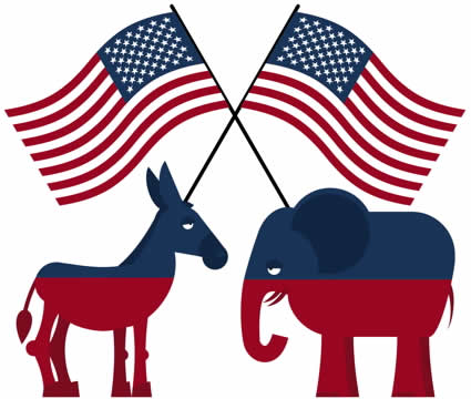 a horse and an elephant holding American flags