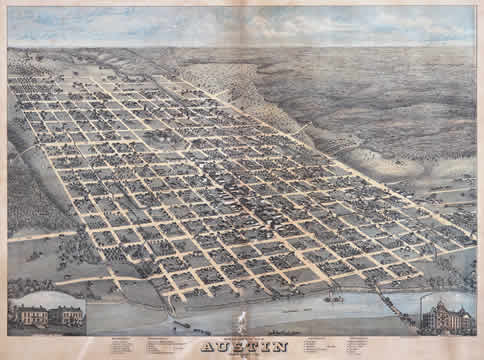 an old map showing downtown Austin as a grid of streets, with the Colorado River in the foreground