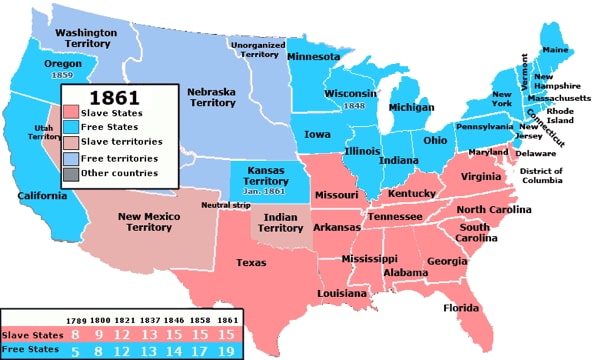 Map showing the free states and the slave states in 1861