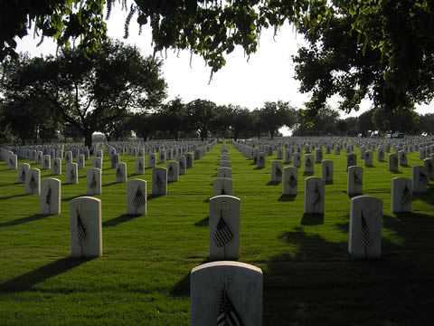 Headstones in a cemetery; each one has a small U.S. flag