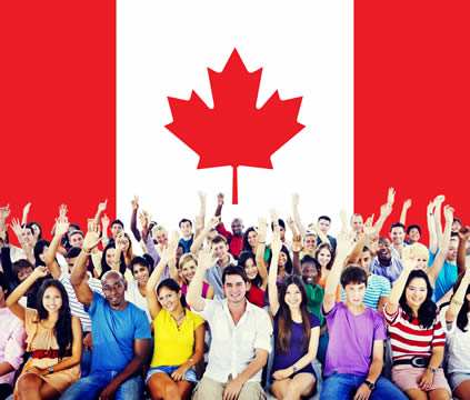 happy people with an arm raised and a Canadian flag in the background