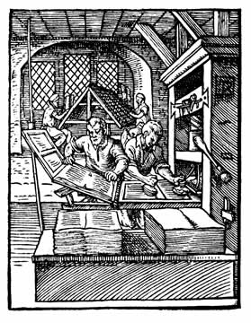 Etching of two people working at a table with other people in the background