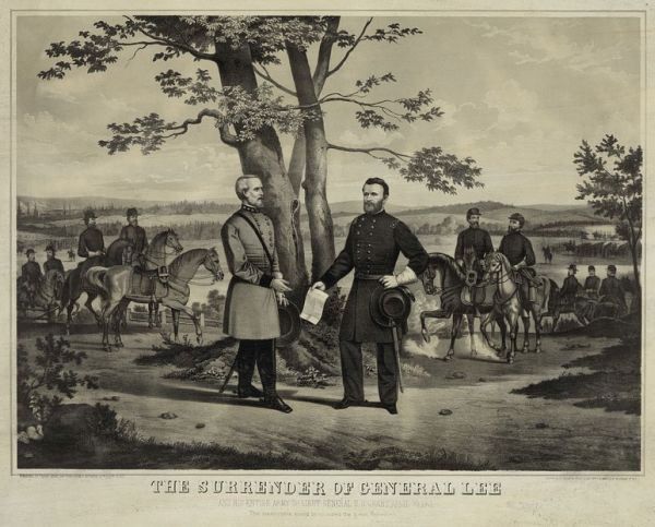 A black-and-white engraving depicts General Robert E. Lee and General Ulysses S. Grant standing beneath a large tree during the surrender at Appomattox. Lee wears a light-colored Confederate uniform while Grant holds a document in a dark Union uniform, with several mounted officers and horses waiting in the background.