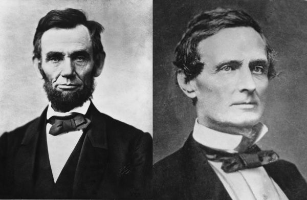 A black-and-white photograph showing side-by-side portraits of Abraham Lincoln on the left and Jefferson Davis on the right. Both men are shown from the chest up in formal 19th-century attire with dark coats and bow ties against plain backgrounds.