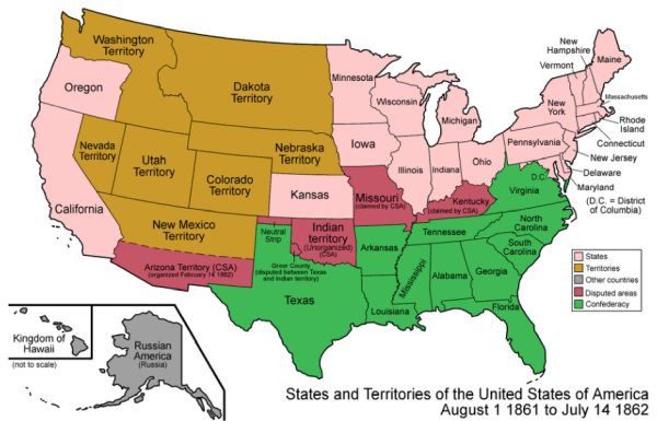 A historical color-coded map of the United States from 1861 to 1862 highlights Union states in pink, western territories in gold, Confederate states in green, and disputed border areas in dark red.