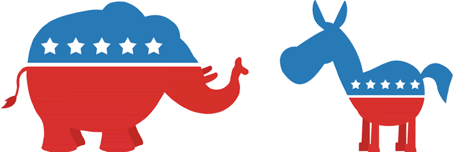 cartoon elephant and donkey decorated in red, white, and blue with stars