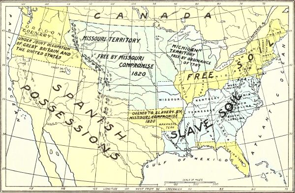 This historical map of North America from 1820 illustrates the division of the United States into areas labeled "Free Soil" in the North and "Slave Soil" in the South. It highlights the Missouri Compromise, showing how the Missouri Territory was divided into regions that allowed slavery and those that did not.