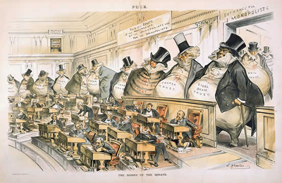 rich fat men overlooking tiny workers at desks