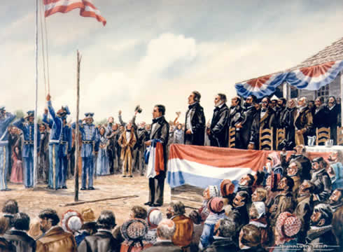 outdoor ceremony with people in uniform and onlookers