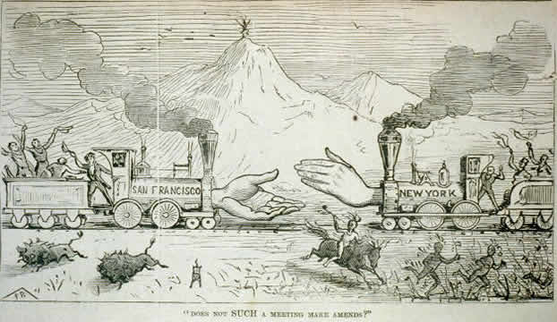a cartoon showing a train traveling westward marked New York and a train traveling eastward marked San Francisco, with people cheering and shaking hands; in the foreground, Indigenous people and buffalo are running away from the trains