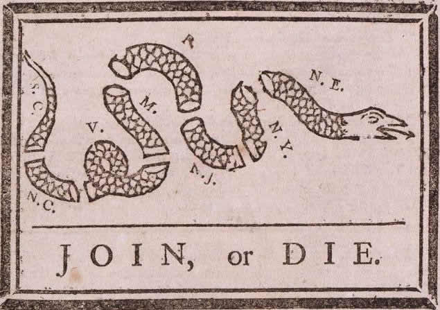 A snake cut into pieces with the initials of the names of the colonies; the cartoon has the title: Join, or Die