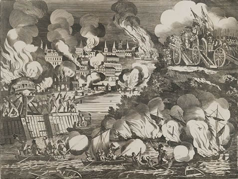 war scene with a city on fire, cannons shooting with American flags flying, boats approaching a beach