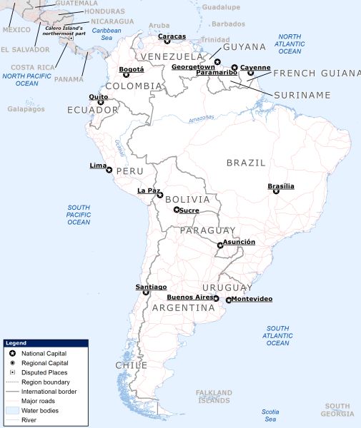 a political map of South America showing the countries: Argentina, Chile, Paraguay, Uruguay, Bolivia, Brazil, Peru, Ecuador, Colombia, Venezuela, Guyana, French Guyana, Suriname.