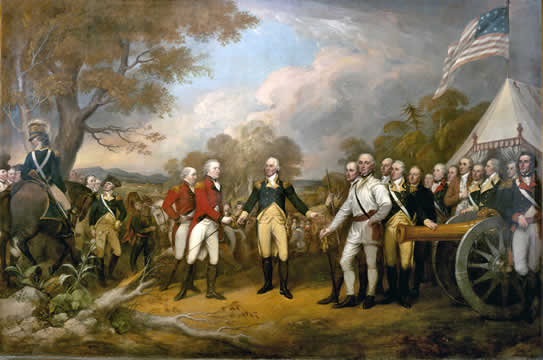 men in different uniforms hold a discussion outdoors