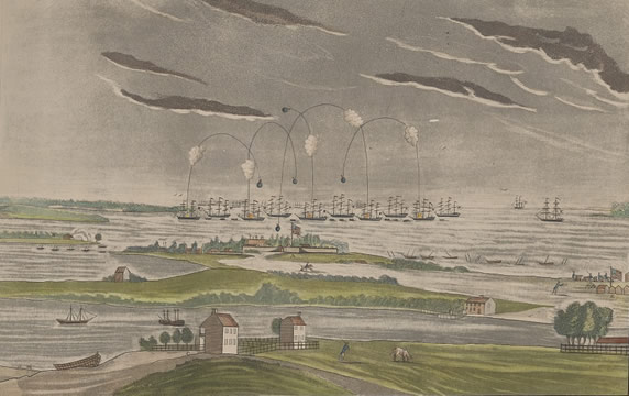 Painting of the bombs bursting in air over Fort McHenry