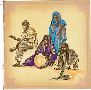 painting of a snake charmer and a drummer with two onlookers