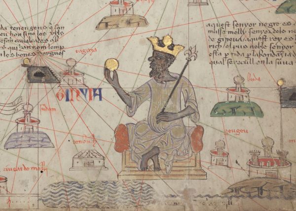 Medieval map showing a crowned African king seated on a throne, holding a gold coin or object and a scepter, surrounded by illustrated cities, coastlines, handwritten labels, and red and green navigation lines.