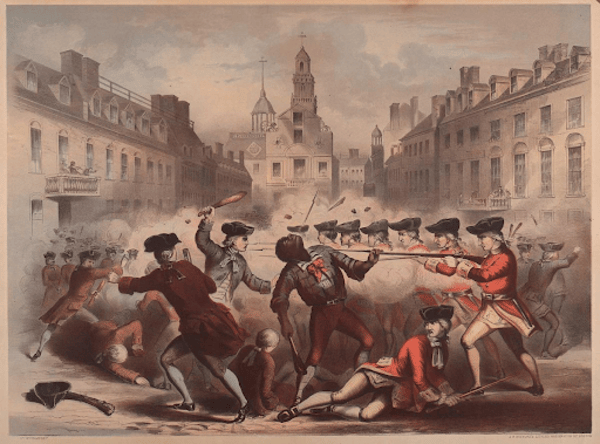 A color lithograph depicts a chaotic street confrontation between British soldiers in red coats and a crowd of colonists. The soldiers are firing their rifles into the crowd, with some people on the ground and a church steeple visible in the background.
